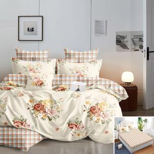 Lenjerie de pat, 1 persoană, finet, 160x200cm, cu elastic, 4 piese, crem , cu flori si carouri, LP624