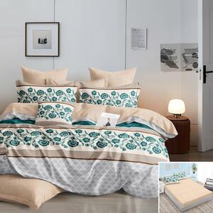 Lenjerie de pat, 1 persoană, finet, 160x200cm, cu elastic, 4 piese, crem verde gri, cu flori verzi, LP625