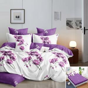 Lenjerie de pat, 1 persoană, finet, 160x200cm, cu elastic, 4 piese, mov si alb, cu flori mov, LP633