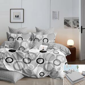 Lenjerie de pat, 1 persoană, finet, 160x200cm, cu elastic, 4 piese, gri si alb, cu cerculete negre, LP627