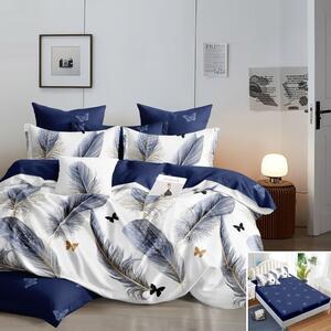 Lenjerie de pat, 1 persoană, finet, 160x200cm, cu elastic, 4 piese, albastru și alb, cu pene și fluturi, LP638