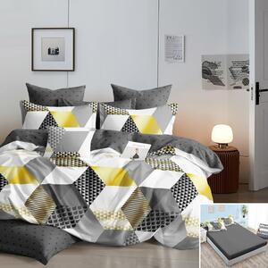 Lenjerie de pat, 1 persoană, finet, 160x200cm, cu elastic, 4 piese, gri alb galben, cu forme geometrice, LP635