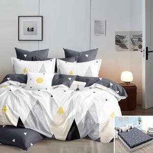 Lenjerie de pat, 1 persoană, finet, 160x200cm, cu elastic, 4 piese, gri si alb, cu soare si munti, LP628