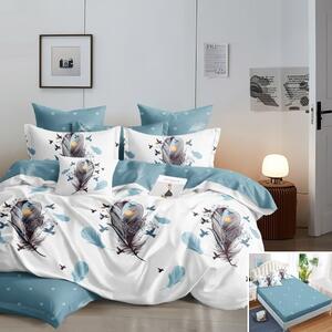 Lenjerie de pat, 1 persoană, finet, 160x200cm, cu elastic, 4 piese, albastru si alb, cu pene, LP632