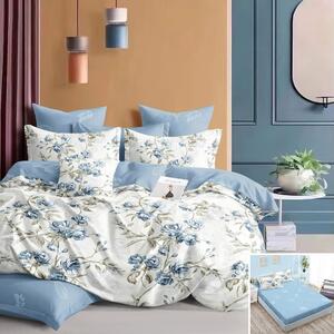 Lenjerie de pat, 1 persoană, finet, 160x200cm, cu elastic, 4 piese, alb si albastru, cu flori albastre, LP629