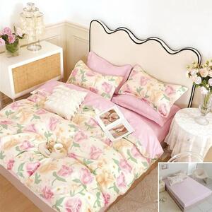 Lenjerie de pat, 2 persoane, finet, 6 piese, cu elastic, crem si roz, cu trandafiri roz, LEL268