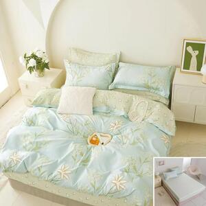 Lenjerie de pat, 2 persoane, finet, 6 piese, cu elastic, albastru deschis, cu flori albe, LEL267