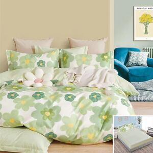 Lenjerie de pat, 2 persoane, finet, 6 piese, cu elastic, alb si verde, cu flori verzi, LEL266