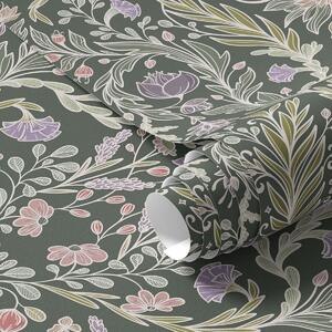 Tapet Ornament floral simetric pe fond verde închis, Tapet flori, a00928 : Uwalls.ro