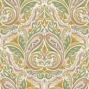 Tapet Ornamente cu frunze în spirală în tonuri de verde și teracotă, Tapet în stil asiatic, a00927v1 : Uwalls.ro