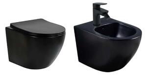 Set vas WC si bideu suspendat, Fluminia Ricci, baterie de bideu Ideal Standard, Ceralife O, cu ventil Click-Clack, negru mat