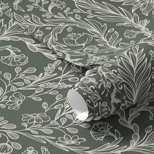 Tapet Model floral liniar pe fond verde închis, Tapet flori, a00929 : Uwalls.ro