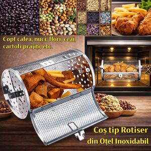 Coș rotisor din oțel inoxidabil pentru cuptor, rotire 360°, cu ușă și clemă
