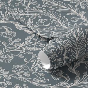 Tapet Ornament floral liniar pe fond albastru-cenușiu, Tapet flori, a00929v1 : Uwalls.ro