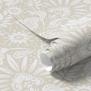 Tapet Ornament floral liniar alb pe fond bej, Tapet flori, a00956 : Uwalls.ro