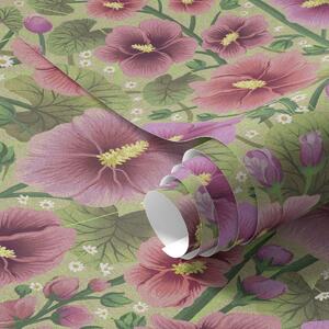 Tapet Flori mari de hibiscus și frunze pe un fundal verde închis, Tapet flori, a00993 : Uwalls.ro