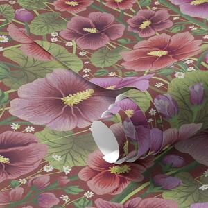 Tapet Hibiscus înflorit pe un fundal cald, de culoare roșu-maroniu, Tapet flori, a00993v1 : Uwalls.ro