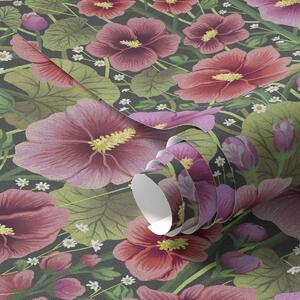 Tapet Flori de hibiscus strălucitoare și verdeață pe un fundal întunecat, Tapet flori, a00993v2 : Uwalls.ro