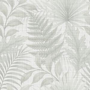 Tapet Frunze tropicale moi, de culoare gri pal, pe textură de in, Tapet flori, a00899 : Uwalls.ro
