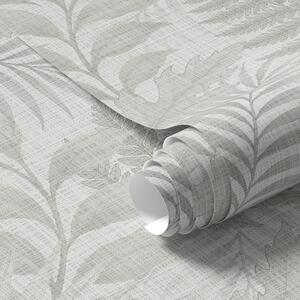 Tapet Frunze tropicale moi, de culoare gri pal, pe textură de in, Tapet flori, a00899 : Uwalls.ro