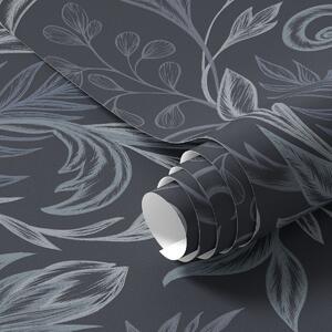 Tapet Frunze ondulate de culoare indigo închis, cu umbre desenate manual, Tapet flori, a00935 : Uwalls.ro