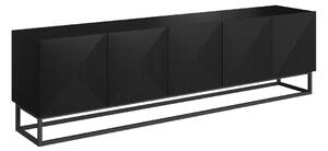 Comodă TV Asha 200 cm cu front canelat și cadru metalic - negru mat