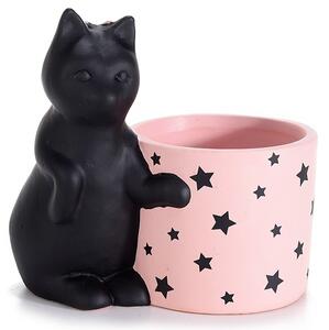 Vas decorativ din ceramica, roz, cu stelute si pisica neagra cu coada de blana artificiala