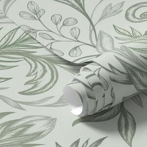 Tapet Frunze moi de mentă, ondulate, cu linii delicate de culoare gri-verde, Tapet flori, a00935v3 : Uwalls.ro