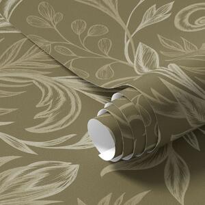 Tapet Frunze călduroase, de culoare kaki, ondulate, cu accente de culoare crem deschis, Tapet flori, a00935v4 : Uwalls.ro