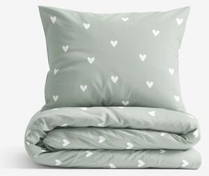 Goldea lenjerie de pat 100% bumbac - inimioare pe verde salvie 140 x 200 și 50 x 70 cm
