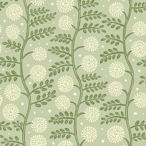 Tapet Tulpini de culoare verde salvie cu flori pufoase de culoare fildeș și puncte, Tapet flori, a00997v2 : Uwalls.ro