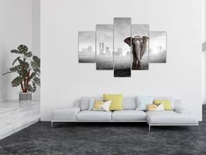 Tablou - Elefanți în oraș, versiunea alb-negru (150x105 cm)