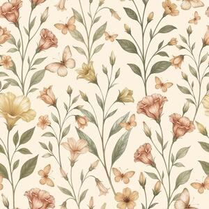 Tapet Flori delicate de piersic și fluturi pe un fundal crem cald, Tapet flori, a01026 : Uwalls.ro