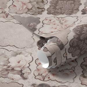 Tapet Patchwork romantic de medalioane florale în tonuri prăfuite, Tapet flori, a01027 : Uwalls.ro