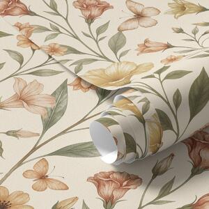 Tapet Flori delicate de piersic și fluturi pe un fundal crem cald, Tapet flori, a01026 : Uwalls.ro