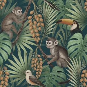 Tapet Maimuțe și păsări tropicale în vegetația densă a junglei, Tapet natura, a01037 : Uwalls.ro