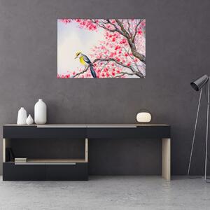 Tablou - Pasăre pe un copac cu flori roșii (90x60 cm)