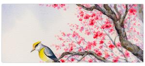 Tablou - Pasăre pe un copac cu flori roșii (120x50 cm)