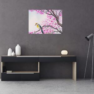 Tablou - Pasăre pe un copac cu flori roz (70x50 cm)
