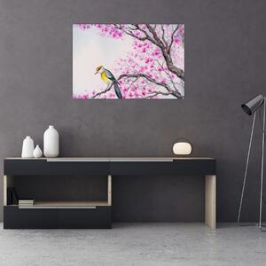 Tablou - Pasăre pe un copac cu flori roz (90x60 cm)