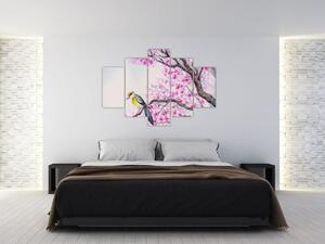 Tablou - Pasăre pe un copac cu flori roz (150x105 cm)