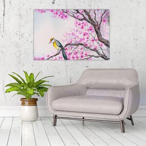 Tablou - Pasăre pe un copac cu flori roz (90x60 cm)