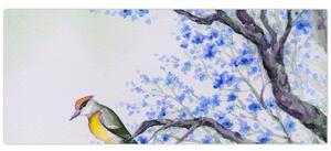 Tablou - Pasăre pe un copac cu flori albastre (120x50 cm)