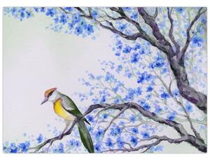 Tablou - Pasăre pe un copac cu flori albastre (70x50 cm)