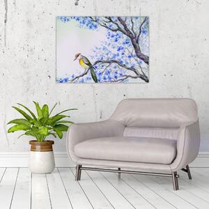 Tablou - Pasăre pe un copac cu flori albastre (70x50 cm)