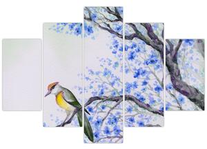 Tablou - Pasăre pe un copac cu flori albastre (150x105 cm)