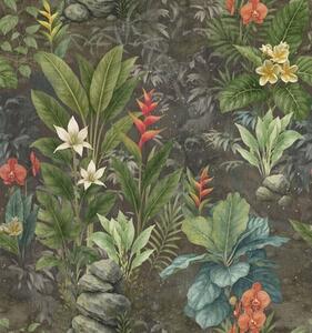 Tapet Grădină tropicală întunecată cu flori și frunziș viu colorate, Tapet natura, a01079 : Uwalls.ro