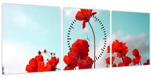 Tablou - Câmp cu flori roșu deschis (cu ceas) (90x30 cm)