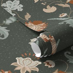Tapet Fundal verde închis cu flori și frunze decorative, Tapet flori, a01086 : Uwalls.ro