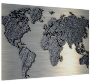 Tablou pe sticlă - Harta lumii în textura de piatră (70x50 cm)